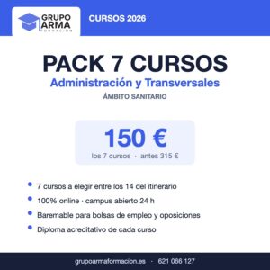 Pack de 7 cursos de Administración y Transversales sanitarias por 150 euros