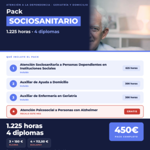 Pack Sociosanitario 1.225 h — 3 cursos + Alzheimer GRATIS
